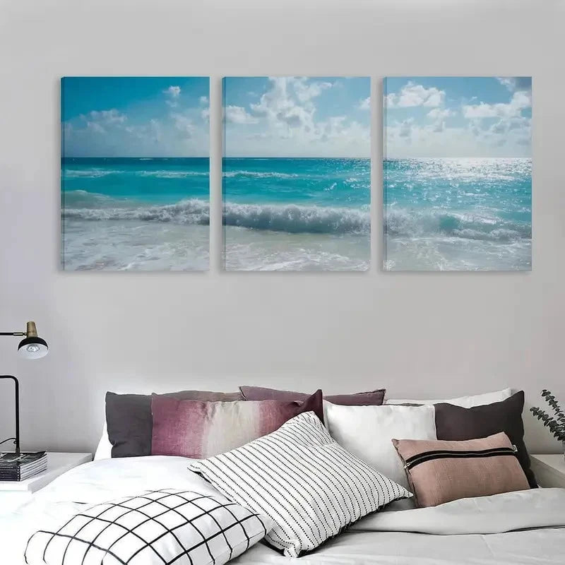 3pcs Bondi Beach Australia White Sand & Sun  Wall Art Set Canvas Framed 60x90cm - High Quality Print 100% Australian Made Wall Canvas Ready to Hang - Bella Home Decor