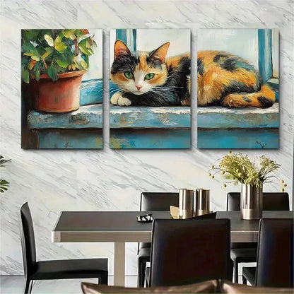 3pcs Windowsill Impasto Cat Cozy Perfect Wall Art Set Canvas Framed 50x70cm - High Quality Print 100% Australian Made Wall Canvas Ready to Hang