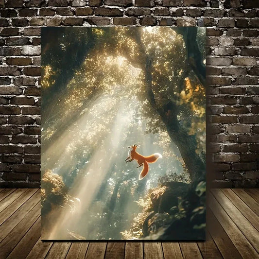 Beautiful Fox Swinging in Magical Forest with Sunbeams 40x60cm Metal Print Ready to Hang - Bella Home Decor