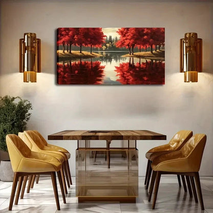 Vibrant Red Maple Forest & Lake Wall Art Canvas Office Home Room Framed 120x60cm