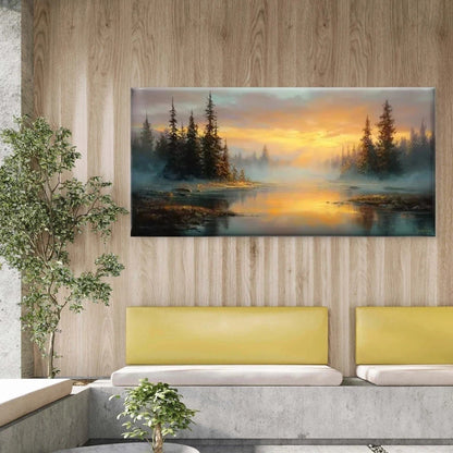 Golden Sunlight & Pine Trees Wall Art Canvas Office Home Room Framed 120x60cm