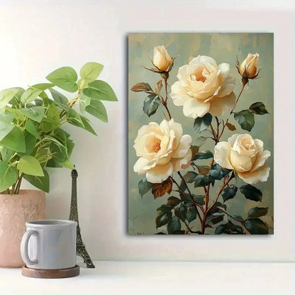 Beautiful Elegant White Roses Vintage Painting  40x60cm Metal Print Ready to Hang
