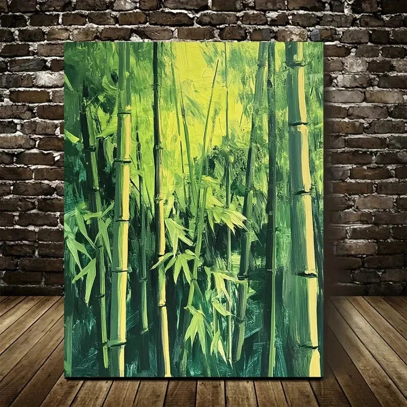 Vibrant Green & Yellow Bamboo Stalks Painting 40x60cm Metal Print Ready to Hang - Bella Home Decor