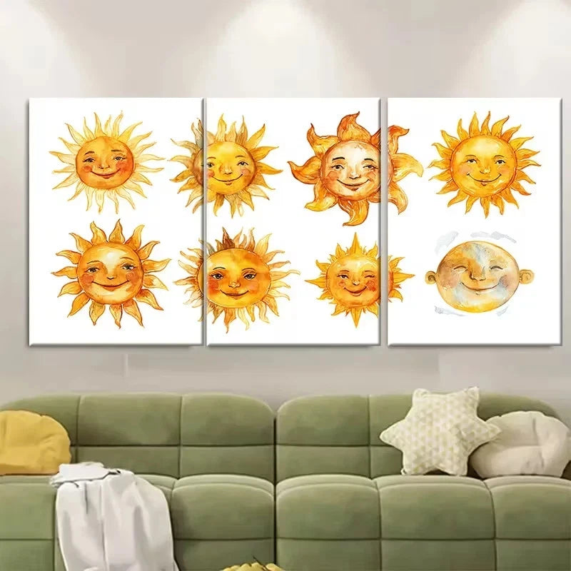 3pcs Smiling Sun Watercolor Illustrations Wall Art Canvas Framed 40x60cm - High Quality Print 100% Australian Made Wall Canvas Ready to Hang
