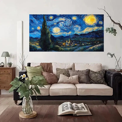 Starry Night Sky & Village Land Wall Art Canvas Office Home Room Framed 120x60cm