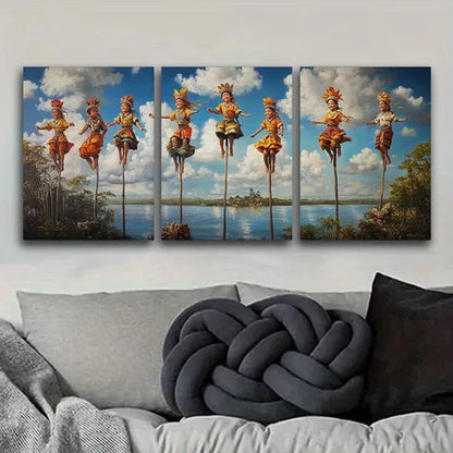 3 PCS Women Walk On Stilts Traditional Nature Wall Art Set Canvas Unframed - High Quality Print 100% Australian Made Wall Canvas - Bella Home Decor