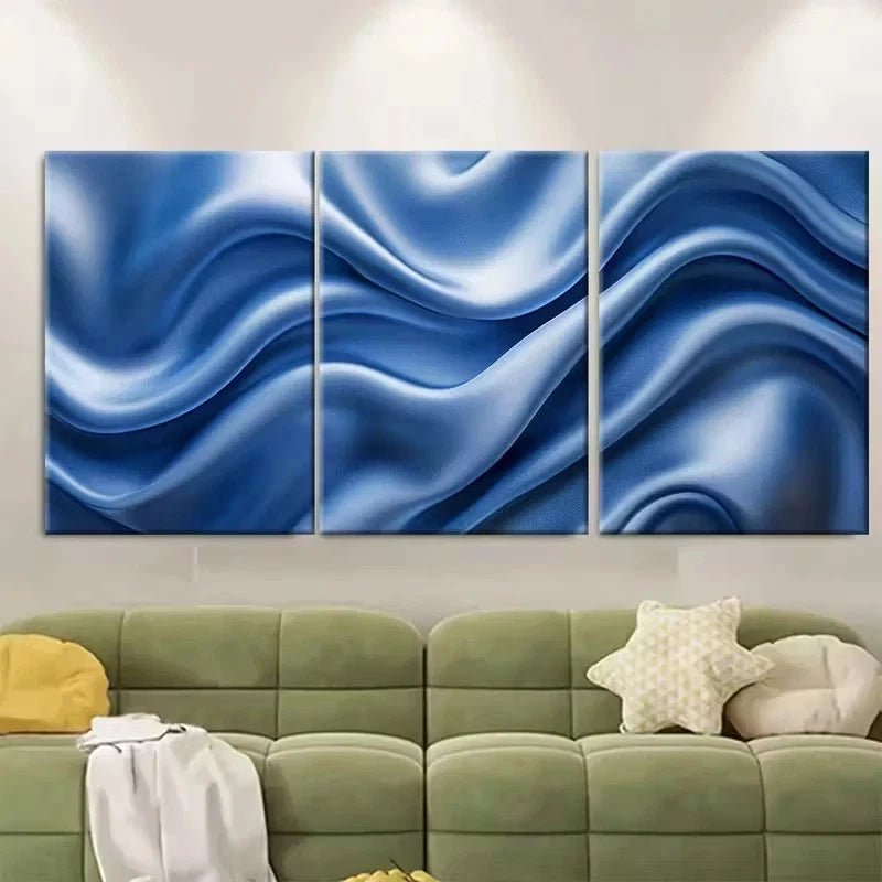 3pcs Elegant Blue Satin Abstract Wall Art Set Canvas Framed 50x70cm - High Quality Print 100% Australian Made Wall Canvas Ready to Hang