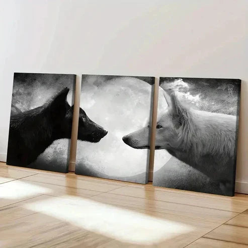 3pcs Black & White Two Wolves Under The Moon  Wall Art Set Canvas Unframed - High Quality Print 100% Australian Made Wall Canvas - Bella Home Decor