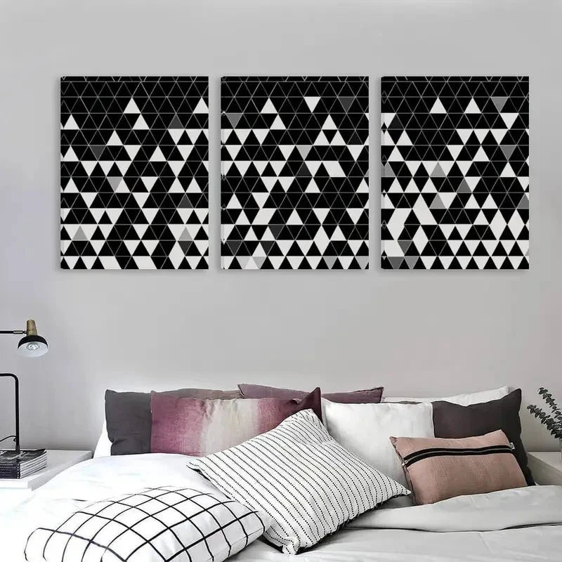 3pcs Black & White Abstract Triangle Patterns  Wall Art Set Canvas Framed 60x90cm - High Quality Print 100% Australian Made Wall Canvas Ready to Hang - Bella Home Decor