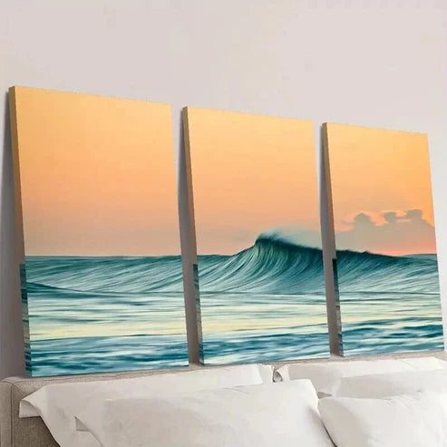 3pcs Ocean Waves and Orange Sky Landscape Wall Art Set Canvas Unframed - High Quality Print 100% Australian Made Wall Canvas