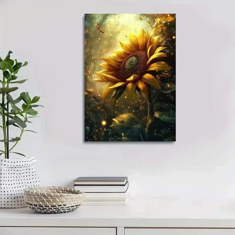 Vibrant Sunflower with Butterflies & Golden Painting 40x60cm Metal Print Ready to Hang - Bella Home Decor