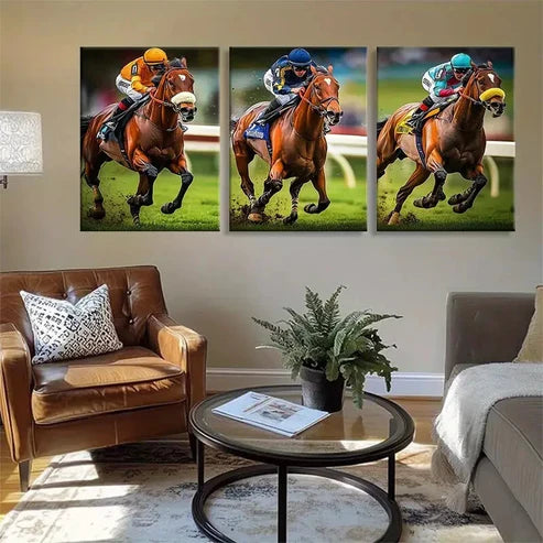 3pcs Dynamic Race Horses Action Sport Perfect Wall Art Set Canvas Unframed - High Quality Print 100% Australian Made Wall Canvas - Bella Home Decor