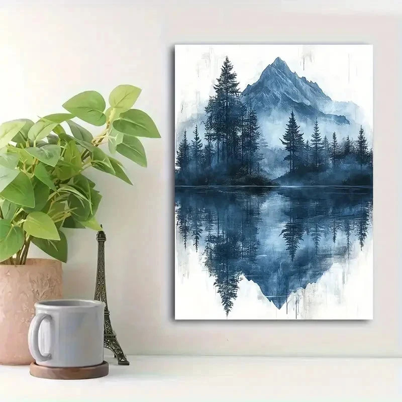 Beautiful Serene Lake Misty Forest Painting 40x60cm Metal Print Ready to Hang