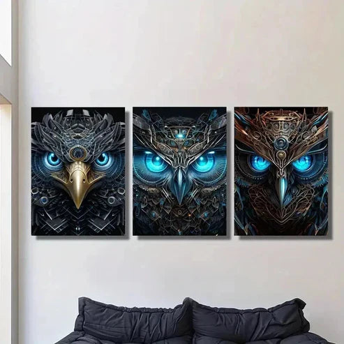 3pcs Abstract Retro Owl Mechanical Wildlife Wall Art Set Canvas Unframed - High Quality Print 100% Australian Made Wall Canvas - Bella Home Decor