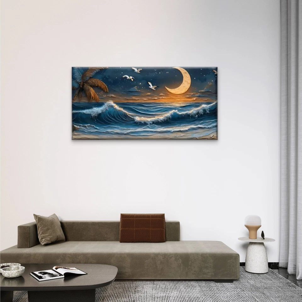 Beach Scene Moon Palm Wall Art Canvas Office Home Room Framed 120x60cm
