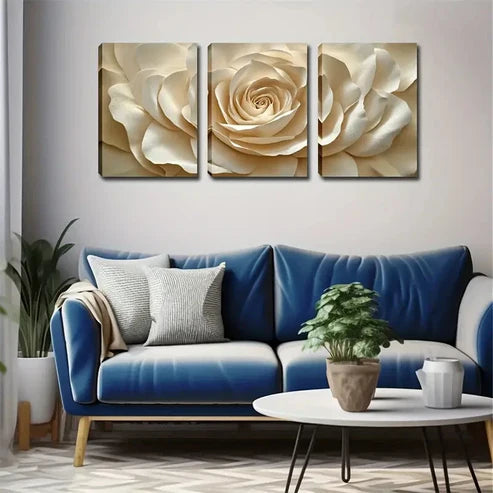 3pcs Flower Design in Beige & White Wall Art Set Canvas Unframed - High Quality Print 100% Australian Made Wall Canvas - Bella Home Decor