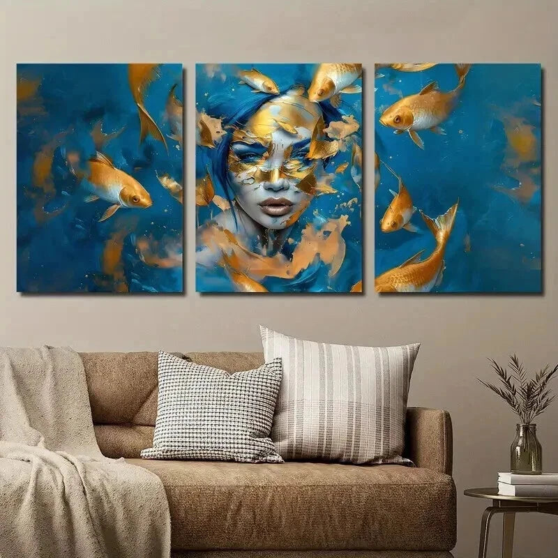 3pcs Golden And Blue Koi Fish Girl Décor Perfect Wall Art Set Canvas Framed 50x70cm - High Quality Print 100% Australian Made Wall Canvas Ready to Hang - Bella Home Decor