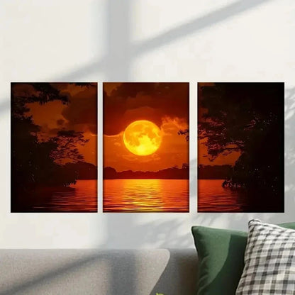 3pcs Abstract Moon Above a Lake Wall Art Set Canvas Framed 40x60cm - High Quality Print 100% Australian Made Wall Canvas Ready to Hang - Bella Home Decor