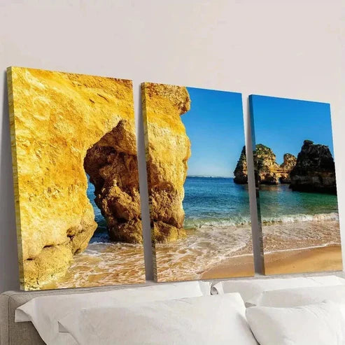 3pcs Golden Rocks and Beaches Landscape Wall Art Canvas Unframed - High Quality Print 100% Australian Made Wall Canvas - Bella Home Decor
