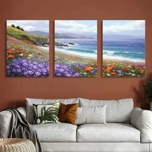 3pcs Vibrant Daisy & Ocean Landscape Wall Art Set Canvas Unframed - High Quality Print 100% Australian Made Wall Canvas