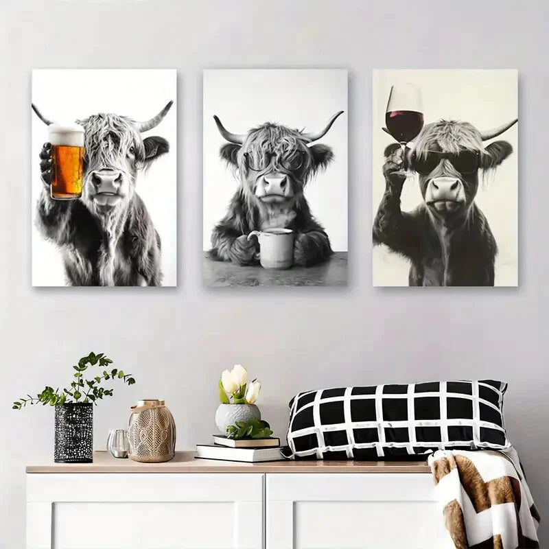 3pcs Highland Cow Whimsical Illustration Perfect Wall Art Set Canvas Framed 40x60cm - High Quality Print 100% Australian Made Wall Canvas Ready to Hang - Bella Home Decor