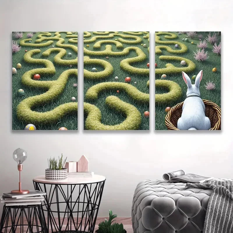 3pcs Lush Green Maze & Bunny Design  Wall Art Set Canvas Framed 50x70cm - High Quality Print 100% Australian Made Wall Canvas Ready to Hang