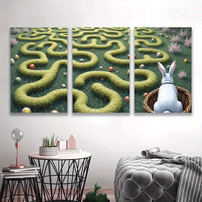 3pcs Lush Green Maze & Bunny Design  Wall Art Set Canvas Framed 50x70cm - High Quality Print 100% Australian Made Wall Canvas Ready to Hang