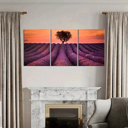 3pcs Vibrant Lavender Field with Sunset Wall Art Set Canvas Framed 50x70cm - High Quality Print 100% Australian Made Wall Canvas Ready to Hang