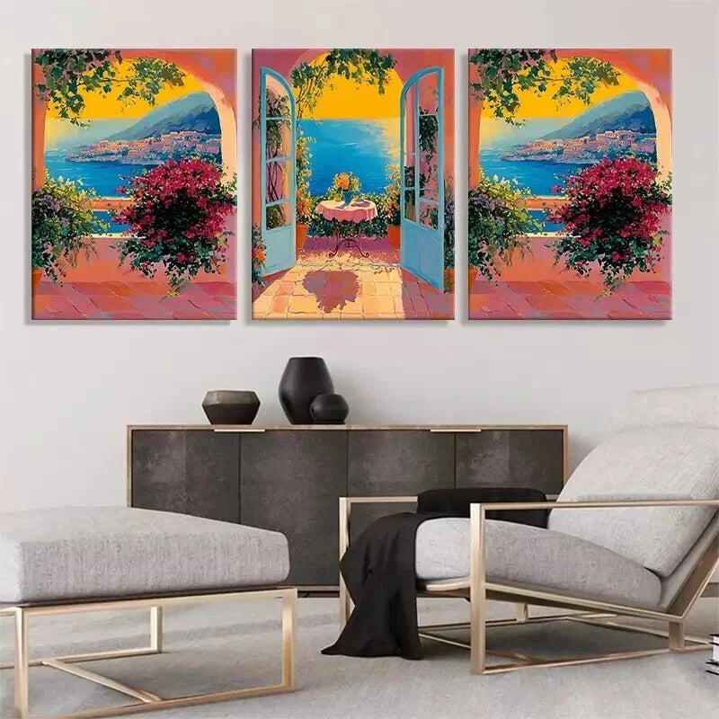 3pcs Mediterranean Seaside View Coastal Perfect Wall Art Set Canvas Framed 50x70cm - High Quality Print 100% Australian Made Wall Canvas Ready to Hang