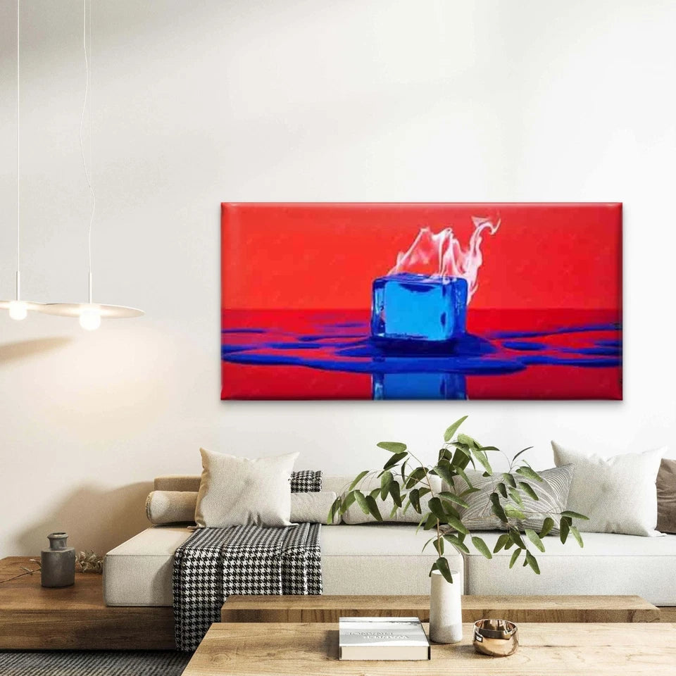 Blue & Red Flame Abstract Fire Wall Art Canvas Office Home Room Framed 120x60cm - Bella Home Decor