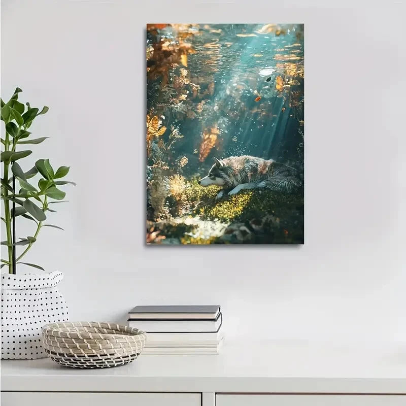Wolf Underwater Scene with Sunbeams Painting 40x60cm Metal Print Ready to Hang - Bella Home Decor