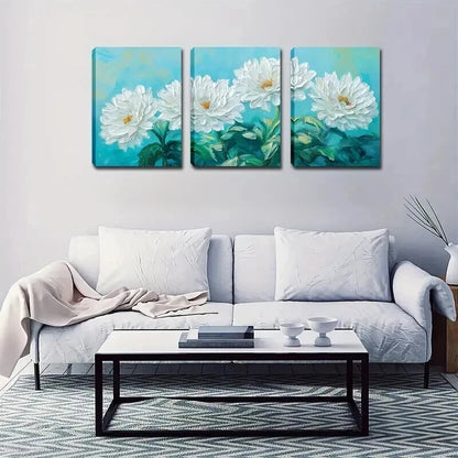 3pcs White Flowers Blooming Blue-Green Perfect Wall Art Set Canvas Framed 50x70cm - High Quality Print 100% Australian Made Wall Canvas Ready to Hang - Bella Home Decor