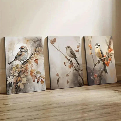 3pcs Cartoon Autumn Birds Deco Classic Wall Art Set Canvas Framed 60x90cm - High Quality Print 100% Australian Made Wall Canvas Ready to Hang
