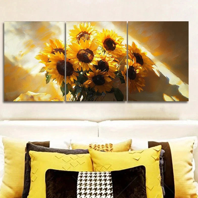 3pcs Beautiful Sunflowers Sunrise Lights Metal Print Ready to Hang Art