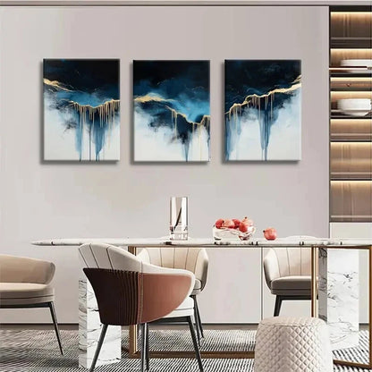 3pcs Abstract Blue & Golden Drip Painting Wall Art Set Canvas Framed 50x70cm - High Quality Print 100% Australian Made Wall Canvas Ready to Hang - Bella Home Decor