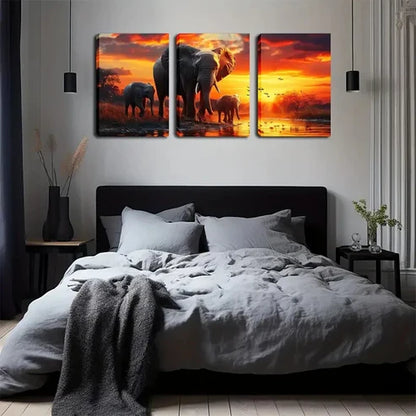 3pcs Walking Elephant At Sunset Wall Art Set Canvas Unframed - High Quality Print 100% Australian Made Wall Canvas