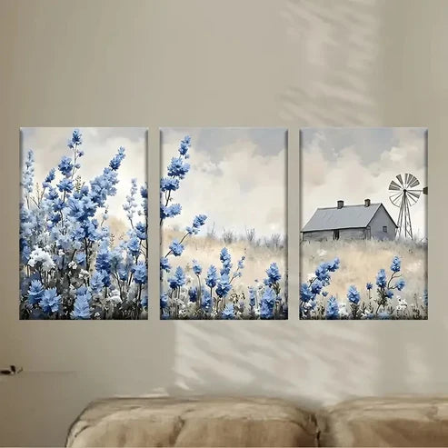 3pcs a painting of a house in a field Wall Art Set Canvas Unframed - High Quality Print 100% Australian Made Wall Canvas - Bella Home Decor