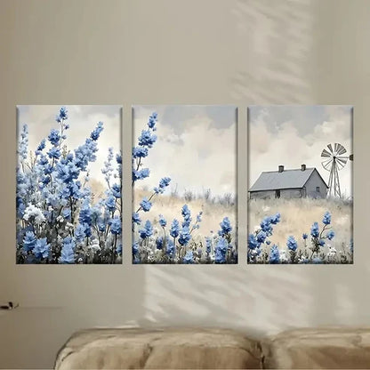 3pcs a painting of a house in a field Wall Art Set Canvas Unframed - High Quality Print 100% Australian Made Wall Canvas - Bella Home Decor