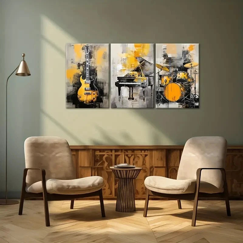 3pcs Black and Golden Guitar Piano Drum Metal Print Ready to Hang Art - Bella Home Decor