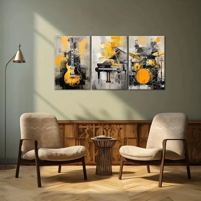 3pcs Black and Golden Guitar Piano Drum Metal Print Ready to Hang Art - Bella Home Decor
