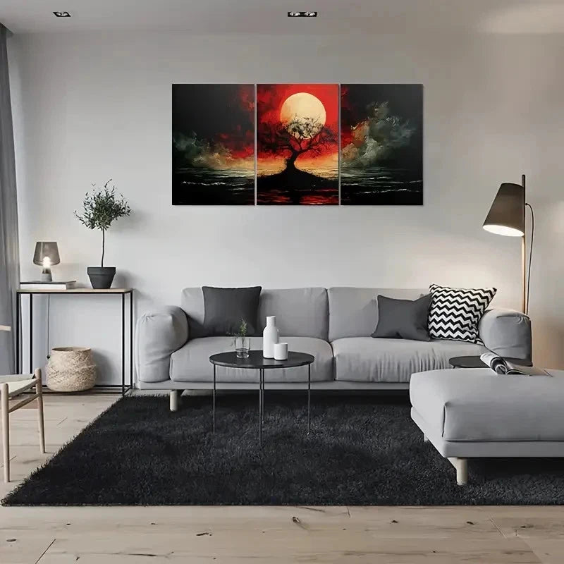 3pcs Golden Sunset Stormy Sky & Silhouette Tree Metal Print Ready to Hang Art - Bella Home Decor