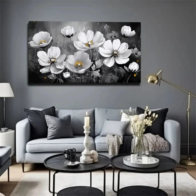 White Flowers Bohemian Modern Wall Art Canvas Office Home Room Framed 120x60cm