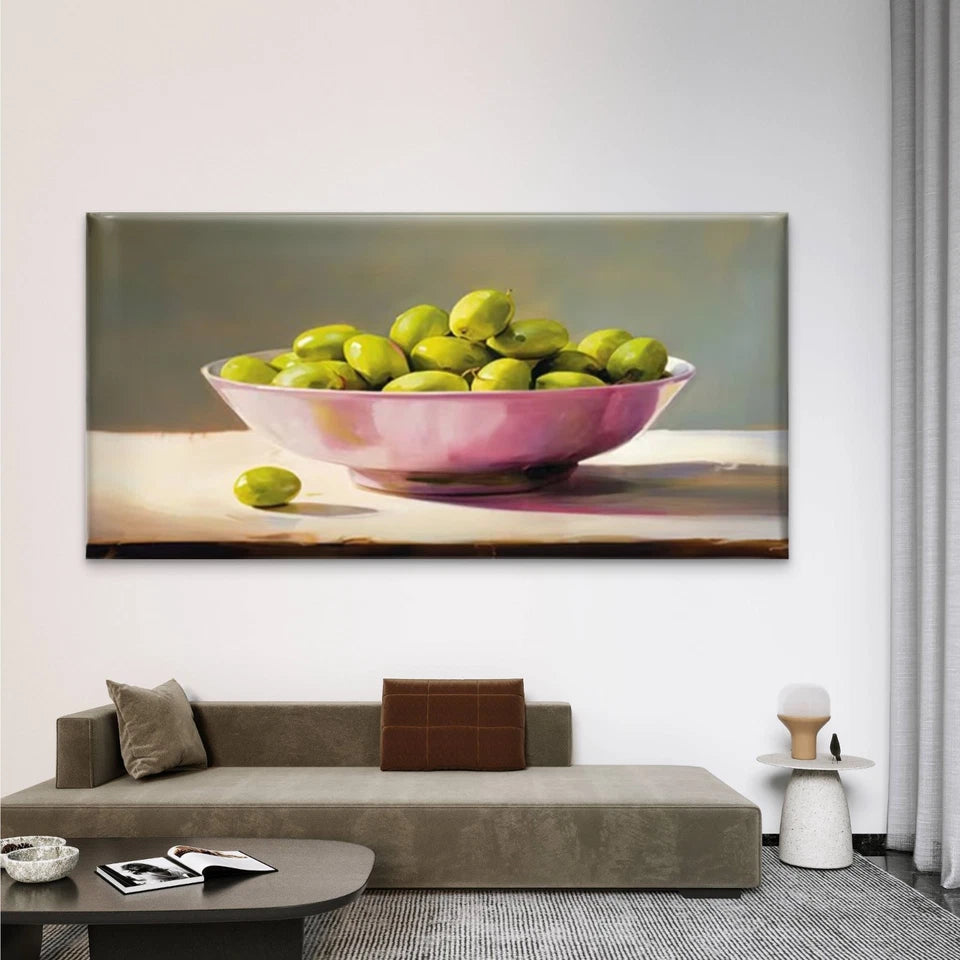 Green Olives & Pink Bowl Wall Art Canvas Office Home Room Framed 120x60cm - Bella Home Decor