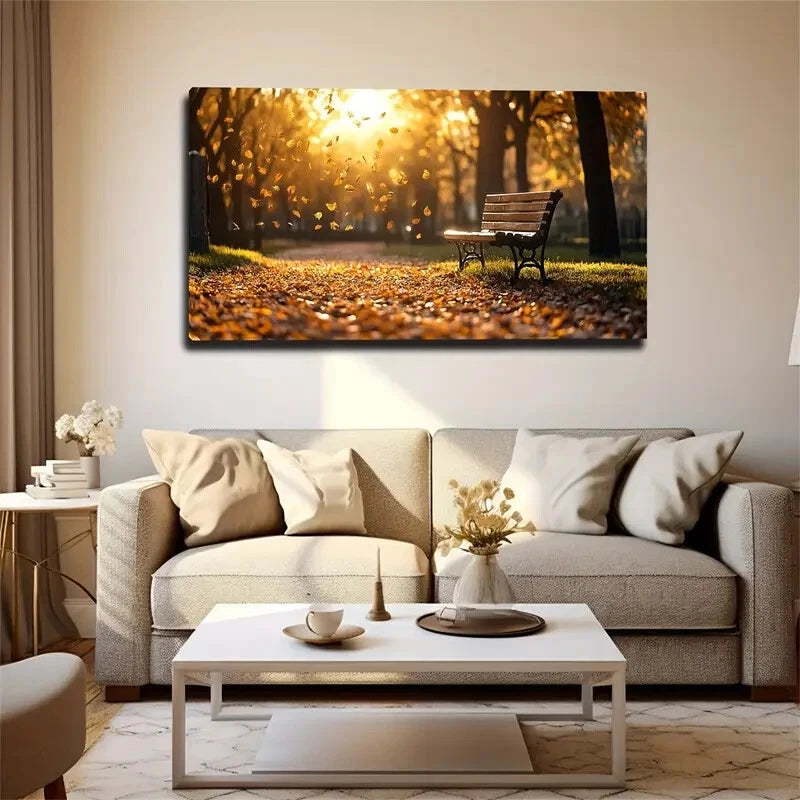 Autumn Pathway Wooden Bench Wall Art Canvas Office Home Room Framed 120x60cm - Bella Home Decor