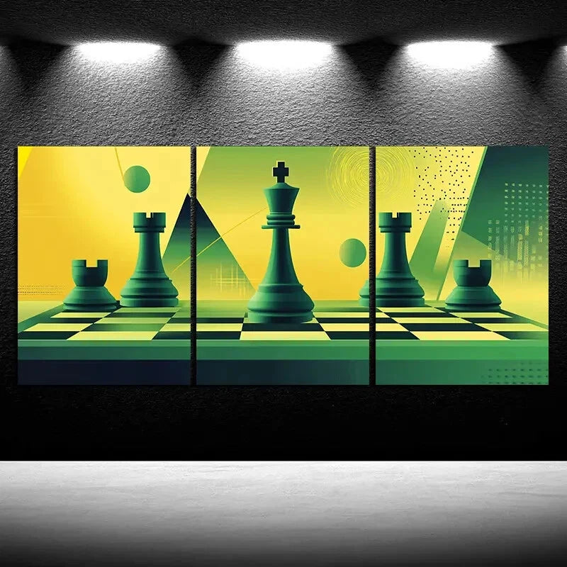 3pcs Green Chess Themed Game Yellow Metal Print Ready to Hang Art - Bella Home Decor