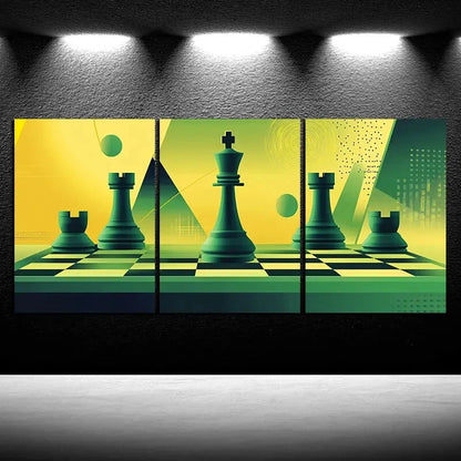 3pcs Green Chess Themed Game Yellow Metal Print Ready to Hang Art - Bella Home Decor
