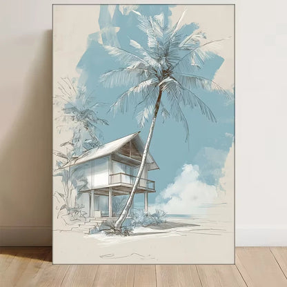 Blue & Teal Ocean Sketch - Palm Tree Cottage Metal Print Ready to Hang