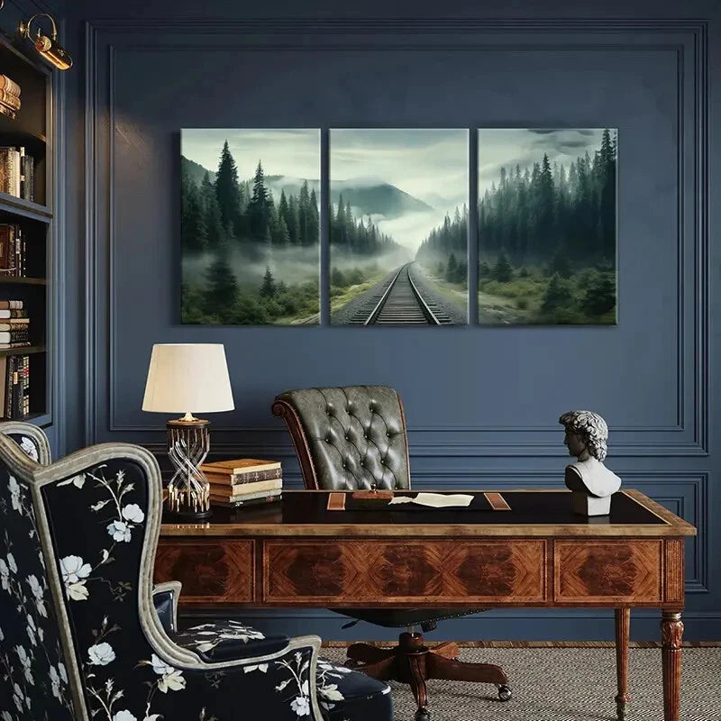 3pcs Misty Forest Railway Tracks Mountain Lands Metal Print Ready to Hang Art - Bella Home Decor