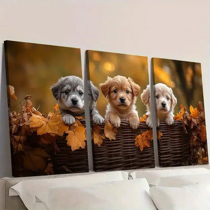 3pcs Adorable Puppies Autumn Scene Wall Art Set Canvas Unframed - High Quality Print 100% Australian Made Wall Canvas - Bella Home Decor