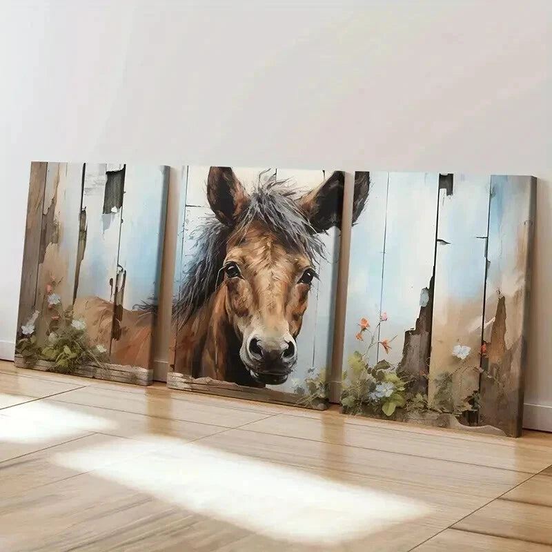 3pcs Rustic Fence Flowers & Horse Landscape Wall Art Set Canvas Framed 50x70cm - High Quality Print 100% Australian Made Wall Canvas Ready to Hang - Bella Home Decor